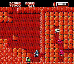 RoboWarrior (NES) screenshot: Finding a hidden passageway at the top of the screen leads to a room of statues