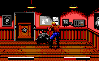 Rocket Ranger (DOS) screenshot: Knocked out the guard. Now onto the rocket part in the crate!