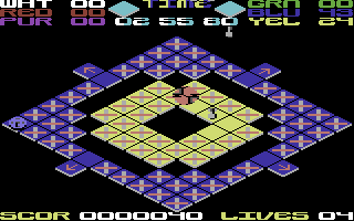 Rollaround (Commodore 64) screenshot: Bombs are falling down and destroy the floor