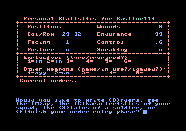 Computer Ambush (Commodore 64) screenshot: Stats for one of your soldiers