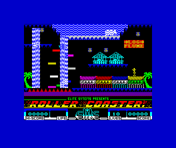 Roller Coaster (ZX Spectrum) screenshot: Opening screen, with moving platforms over the waterfall