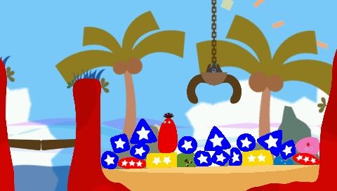 LocoRoco (PSP) screenshot: Mui Mui Crane mini-game: aiming carefully.