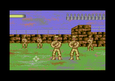 Scenario: Theatre of War (Commodore 64) screenshot: Arcade sequence: kill all the guards to destroy the factory