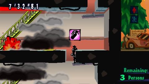Exit (PSP) screenshot: Danger: Smoke – it won’t kill you but you can’t go past it.