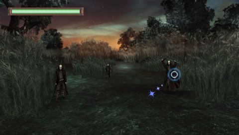 Harry Potter and the Half-Blood Prince (PSP) screenshot: Chasing Bellatrix in a static first-person shooter section.