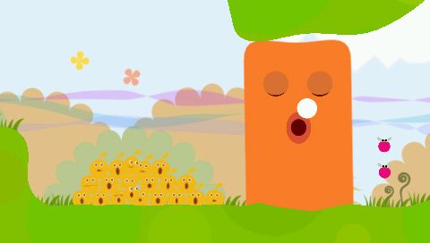 LocoRoco (PSP) screenshot: If you have enough LocoRoco, you'll be able to wake this fellow up with a song