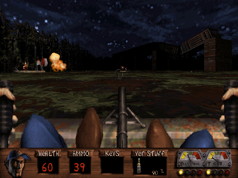 Redneck Rampage Rides Again (DOS) screenshot: You shouldn't fire too close with this boat mortar