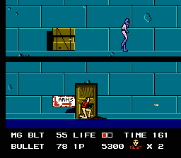 Rolling Thunder (NES) screenshot: You can get machine gun (faster shooting speed) or regular bullets in specially marked doors