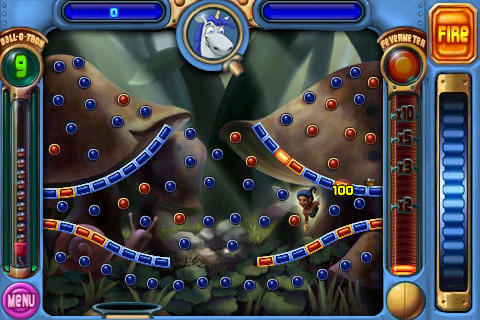 Peggle (iPhone) screenshot: Bricks can form ramps to slide down.