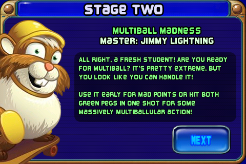 Peggle (iPhone) screenshot: Each new stage gives you a new Peggle Master with a different power.