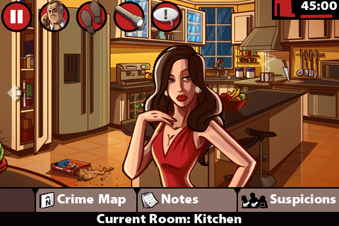 Clue (iPhone) screenshot: What is Scarlet up to in the Kitchen?