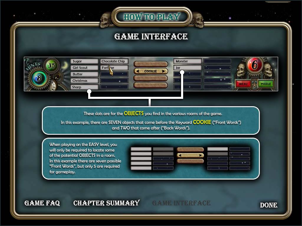 3 Cards to Midnight (Windows) screenshot: Explanation of the game interface