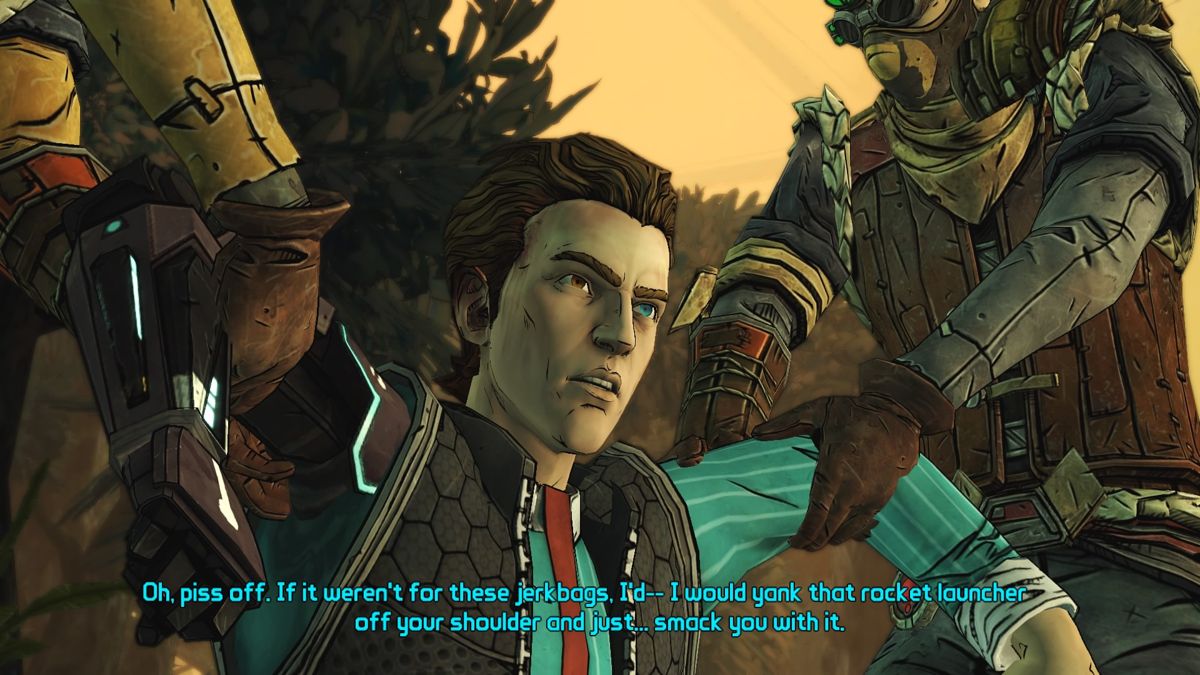 Tales from the Borderlands: Episode Three - Catch a Ride (PlayStation 4) screenshot: Rhys got bolder in the eye of danger since he came down to Pandora