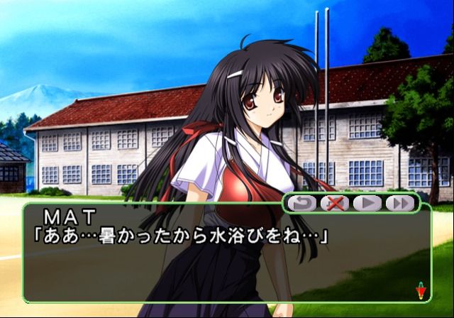 Natsuiro Komachi: Ichijitsu Senka (PlayStation 2) screenshot: Talking to Mikoto in front of the school