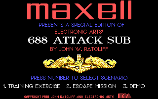 688 Attack Sub (DOS) screenshot: Preview release from Maxell. You can see the date is 1988.