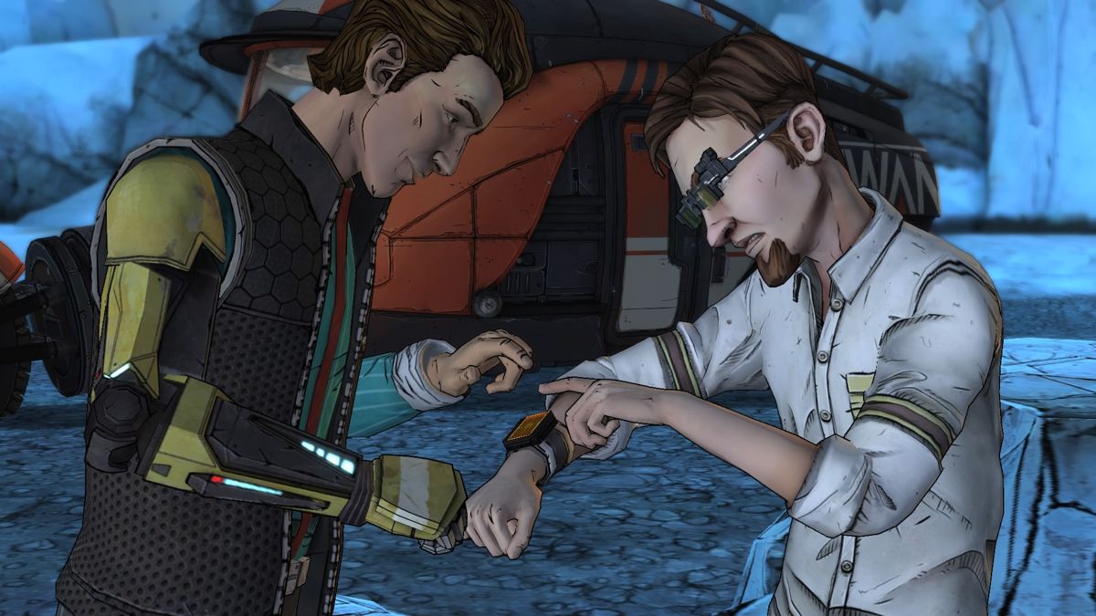 Tales from the Borderlands: Episode Three - Catch a Ride (PlayStation 4) screenshot: Rhys and Vaughn enjoying the game of pong