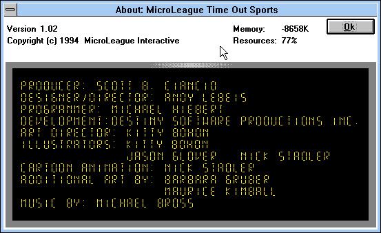 Time Out Sports: Baseball (Windows 3.x) screenshot: About