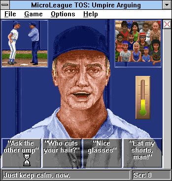 Time Out Sports: Baseball (Windows 3.x) screenshot: Selecting the statements to make the umpire angrier without getting ejected