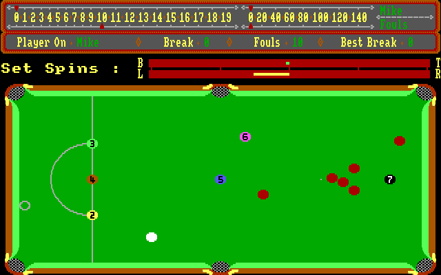 Alex Higgins' World Snooker (DOS) screenshot: Setting the spin.