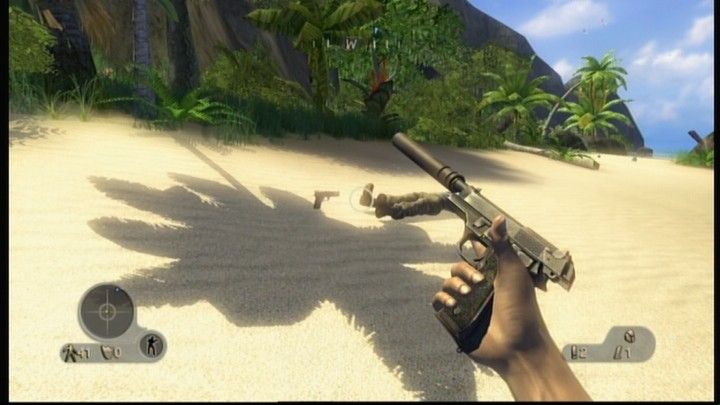 Far Cry: Instincts - Predator (Xbox 360) screenshot: Instincts - having a silencer will prevent enemy soldiers to raise out further alarm, unless you miss.