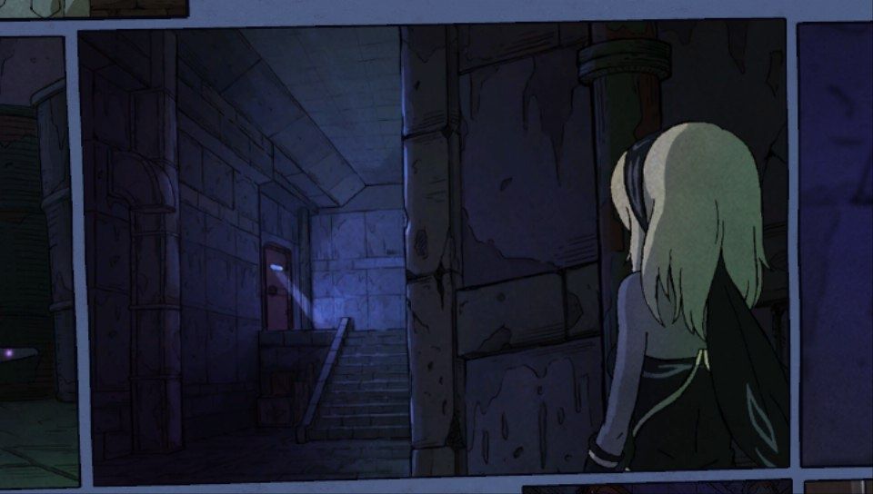 Gravity Rush (PS Vita) screenshot: Heading towards a door in a comic-styled cutscene