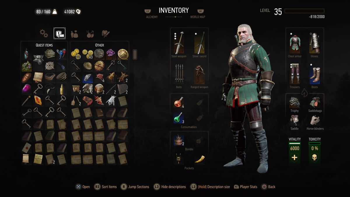 The Witcher 3: Wild Hunt (PlayStation 4) screenshot: Version 1.34 - Inventory items and equipment is now sorted by item and accessory type