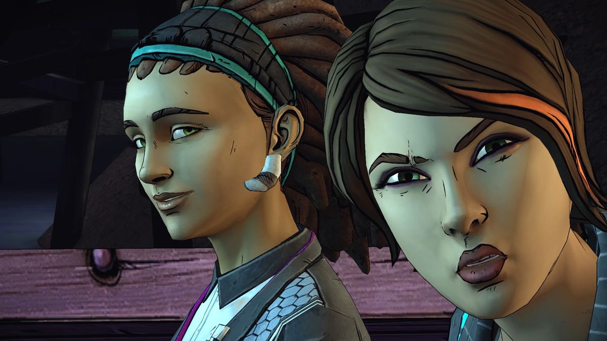 Tales from the Borderlands: Episode Four - Escape Plan Bravo (PlayStation 4) screenshot: Fiona is not glad of you Rhys ogling her sister