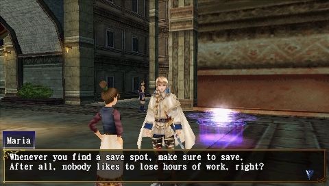 Dragoneer's Aria (PSP) screenshot: As take your first steps through the city, various NPCs provide explanations about the game.