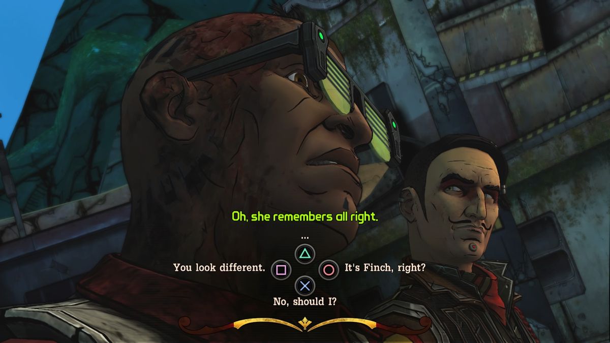 Tales from the Borderlands: Episode Three - Catch a Ride (PlayStation 4) screenshot: Yup, he remembers you quite clearly after you burned half of his face