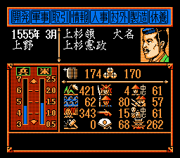 Nobunaga's Ambition: Lord of Darkness (NES) screenshot: A warlord's resources.