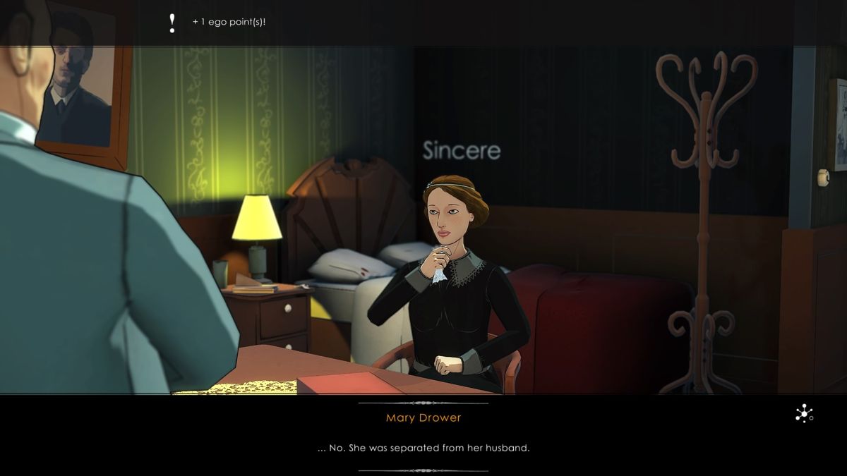 Agatha Christie: The ABC Murders (PlayStation 4) screenshot: Questioning the victim's niece... based on Poirot's questioning method, disposition of a person he is speaking to will change accordingly