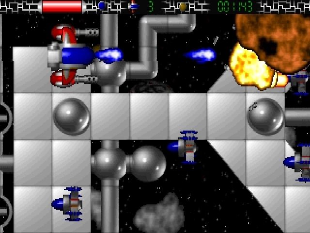 Terroid (Windows) screenshot: Enemy ships below, boulders above and land based canon. The game gets tough quickly