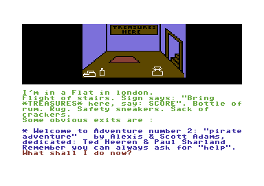 Scott Adams' Graphic Adventure #2: Pirate Adventure (Commodore 64) screenshot: You start in your flat