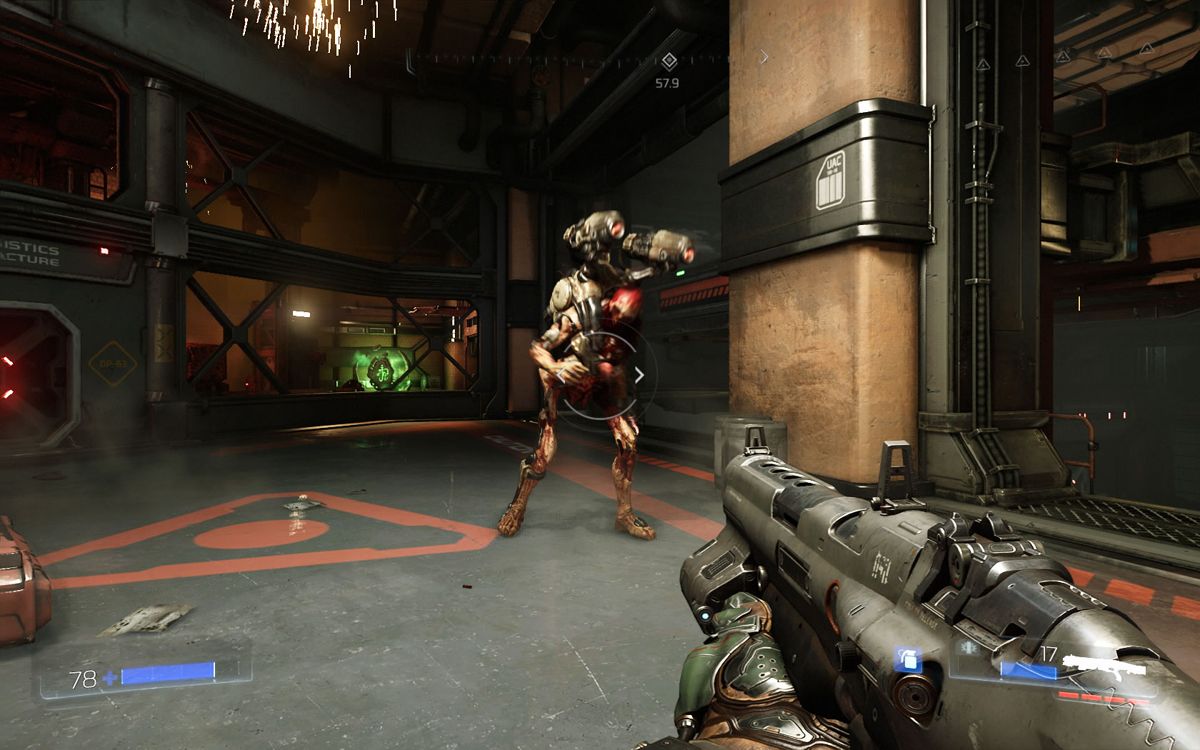 Doom (Windows) screenshot: The Revenant is pushed back with a shotgun blast.