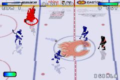 NHL Hitz 20-03 (Game Boy Advance) screenshot: Jarome Iginla catches fire, which is apparently a good thing in HITZ...