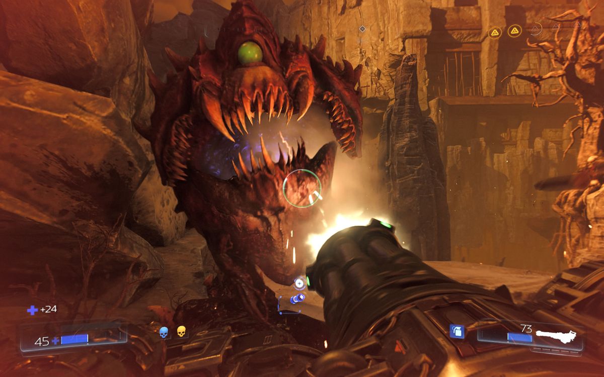 Doom (Windows) screenshot: A fight with the revamped Cacodemon using the chaingun.