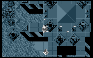 Battlestorm (DOS) screenshot: Puttin' some dents in those pesky turrets. (VGA)