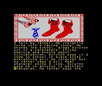 The Secret Diary of Adrian Mole Aged 13¾ (ZX Spectrum) screenshot: I was expecting his dad to accuse him of turning into a Communist