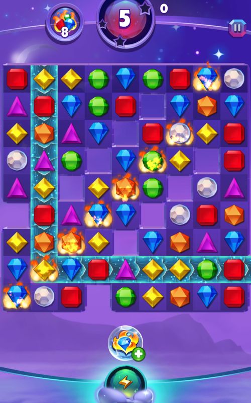Bejeweled: Stars (Android) screenshot: This board has lots of flaming gems and a stream that moves the gems with each turn.