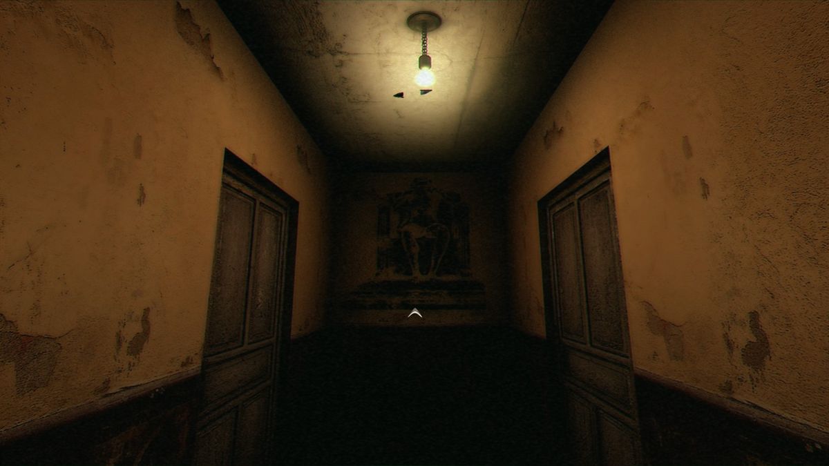 Darkness Within: In Pursuit of Loath Nolder (Windows) screenshot: The hall you start in, with a very god-like figure painted right in front of you. Ominous.