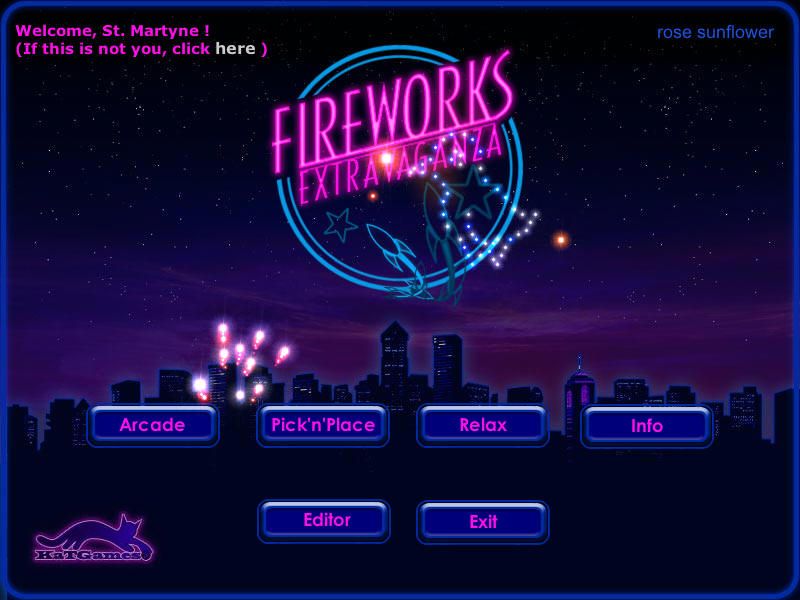 Fireworks Extravaganza (Windows) screenshot: Main menu, various fireworks appear with their name in the top-right corner