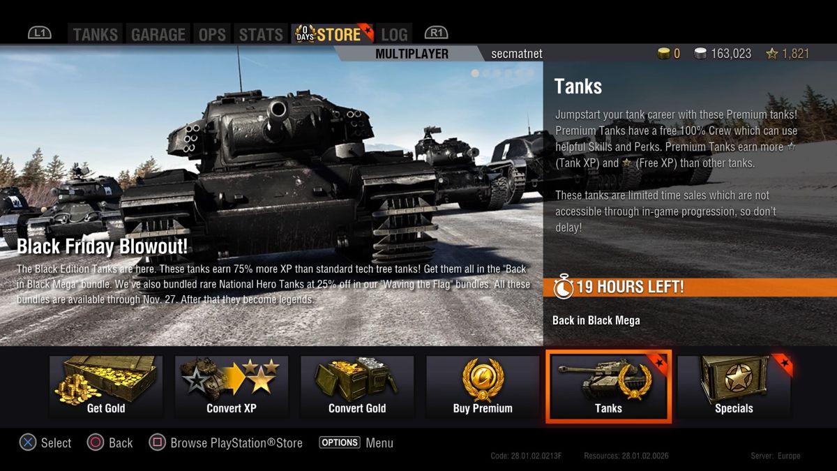 World of Tanks (PlayStation 4) screenshot: New Content (November 2016), Black Edition Tanks - Black Edition tanks introduced and available for purchase for a limited time