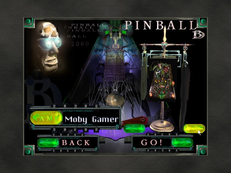 Mega Pinball (Windows) screenshot: The table selection screen. No names just a blurry image of each. Puttong a suit on the fourth peg is a nice touch