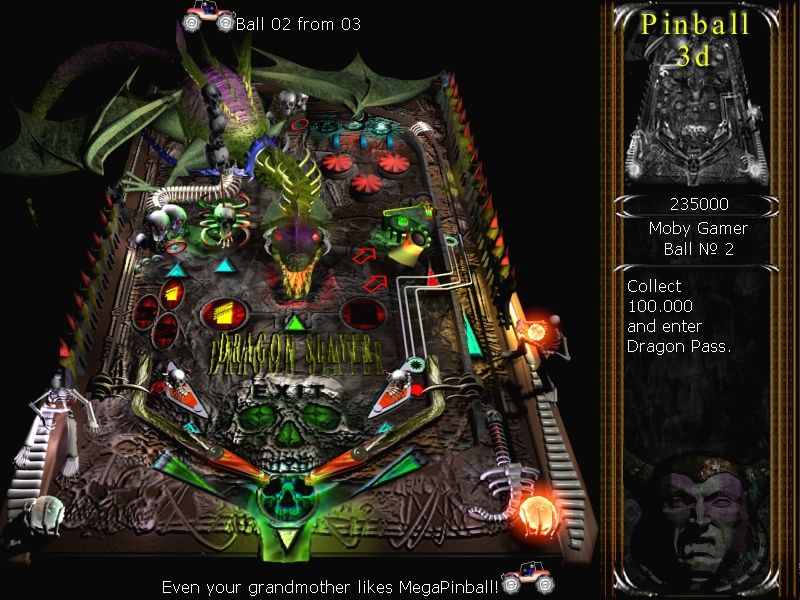 Mega Pinball (Windows) screenshot: The Dragon Slayer table. My first ever ball on this table got stuck in the cluster of bumpers at the top of the screen<br>The game likes to send funny messages while in use