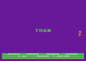 Bristles (Atari 8-bit) screenshot: I finished level 2. My secret message is "than"