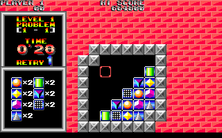 Brix (DOS) screenshot: To clear the level, ALL the blocks must be cleared. The earlier levels have blocks that come in sets. Later levels have odd numbers that must be strategically combined...
