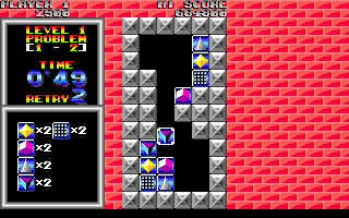 Brix (DOS) screenshot: The outline around the falling block represents the "cursor." You place it around the block you wish to focus on. Red means the block is NOT selected; white means you have "grabbed onto" the block.
