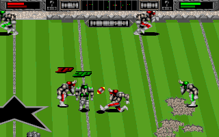 Brutal Sports Football (DOS) screenshot: Kicking the ball across the field.