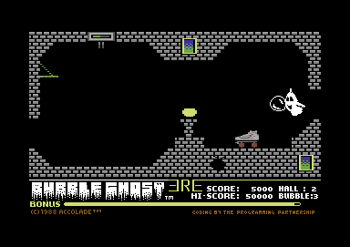 Bubble Ghost (Commodore 64) screenshot: Screen 2 adds more hazards