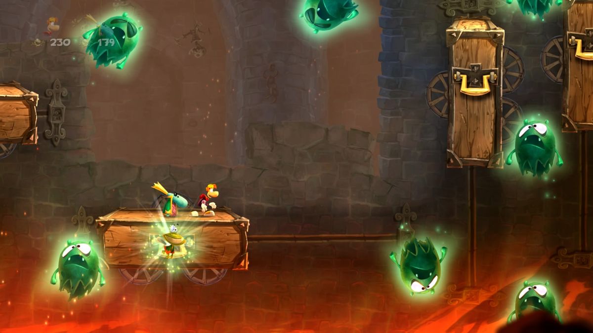 Rayman Legends (PlayStation 4) screenshot: Moving platforms and flying ghosts all around